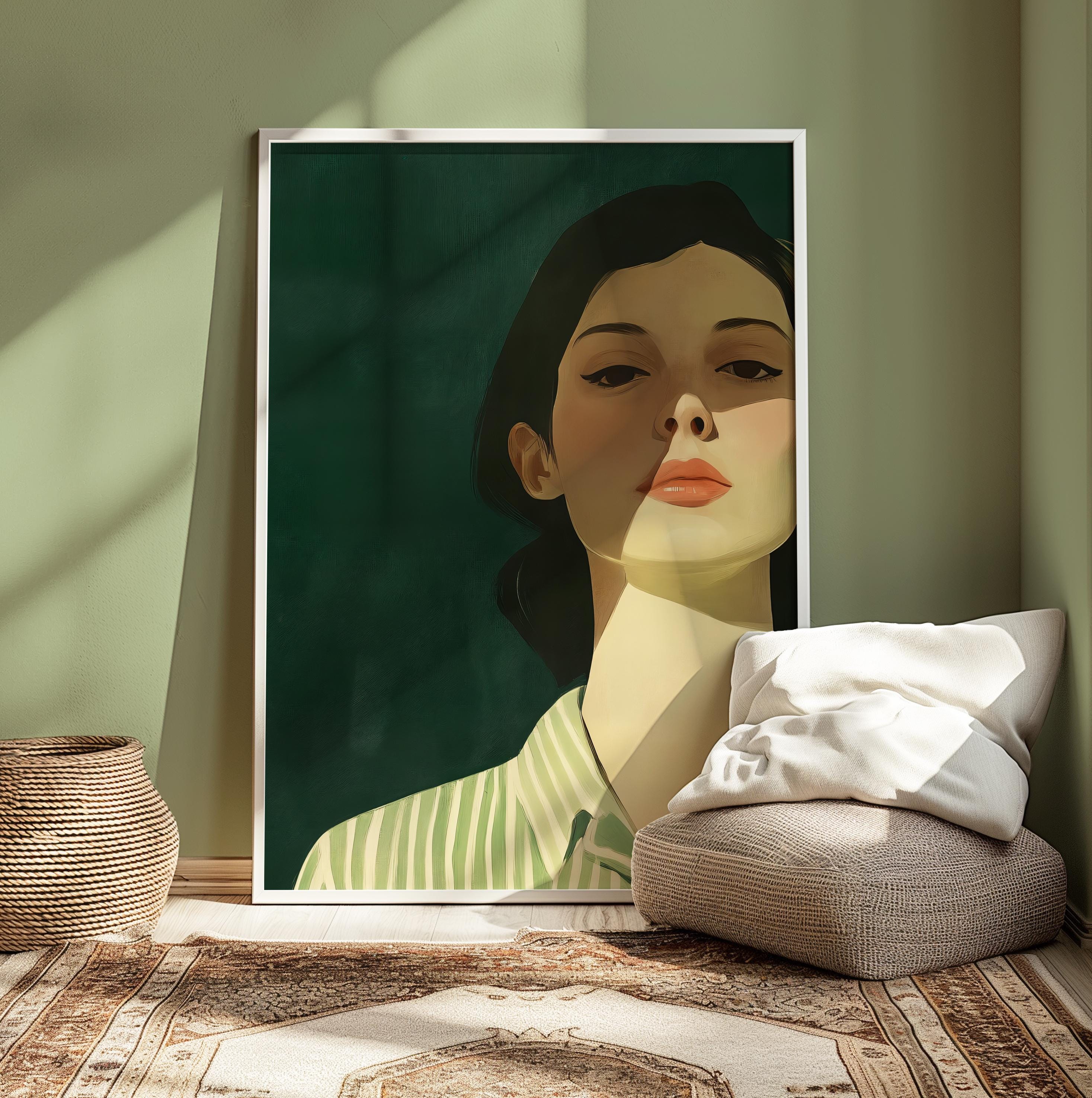 Emerald Green Woman Portrait Art Print: Modern Minimalist Home Decor ...