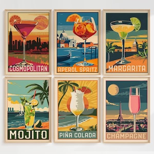 Conjunto de 6 carteles de cócteles Descarga instantánea Bar Wall Art Prints Bundle / Descarga digital Retro Cocktail Bar Cart Wall Art
