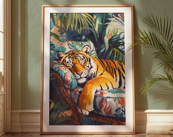 Lámina artística de un tigre durmiente: decoración de pared maximalista de la jungla