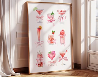 Roze kunstprint cocktails en strikken: kamerdecoratie coquette (digitale download)