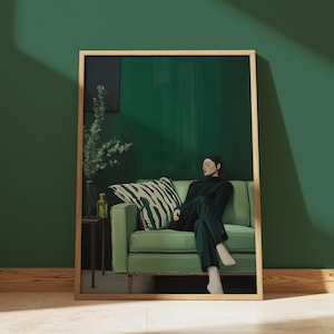 Sleeping Woman Wall Art Print, Green Aesthetic Decor, Modern Woman Print, Minimalist Portrait Artwork, Cozy Home Aesthetic