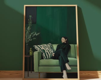 Impressão de parede de mulher dormindo, decoração estética verde, impressão de mulher moderna, arte de retrato minimalista, estética de casa aconchegante