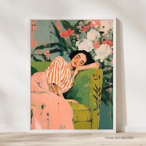 Emerald Green and Peach Sleeping Woman Wall Art Print, Green Aesthetic Decor, Modern Woman Print Minimalist Portrait Art Cozy Home Aesthetic