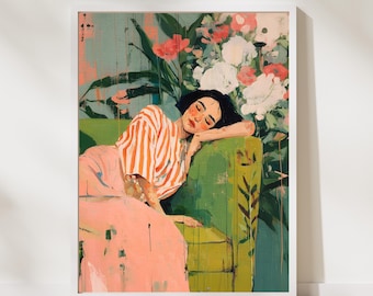 Emerald Green and Peach Sleeping Woman Wall Art Print, Green Aesthetic Decor, Modern Woman Print Minimalist Portrait Art Cozy Home Aesthetic