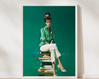 Emerald Green Woman with Books Wall Art Poster Print, Literary Decor, Modern Reading Print, Book Lover Artwork, Cozy Home Green Aesthetic