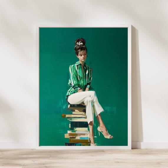 Emerald Green Woman with Books Wall Art Poster Print, Literary Decor, Modern Reading Print, Book Lover Artwork, Cozy Home Green Aesthetic