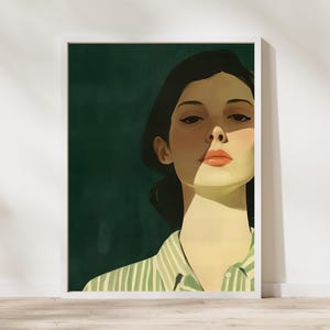 Emerald Green Woman Portrait Art Print: Modern Minimalist Home Decor