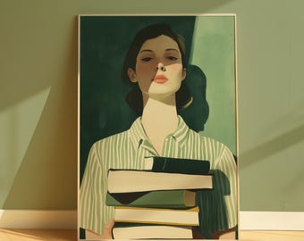 Emerald Green Woman Reading Art Print: Literary Home Decor