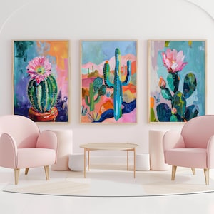 Set of 3 Boho Cactus Digital Prints, Cactus Wall Art Prints, Cactus Art Trio, SouthWestern Wall Art Decor, Desert Cactus Wall Art Digital