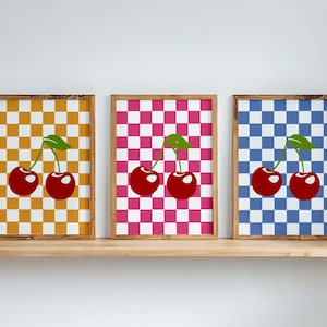 Set of 3 Checkers and Cherries Wall Art, Cute set of Cherry Checkerboard Prints Instant Download Dorm Room decor wall art, Cherry Art Prints