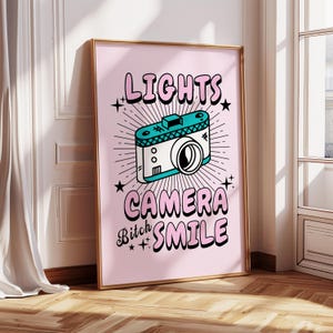 Lights Camera Smile Print: Pink Teen Room Decor (Digital Download)