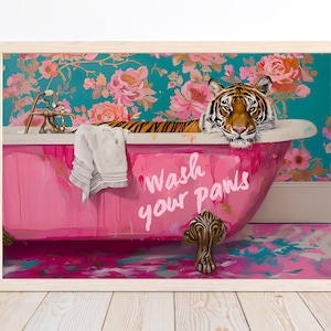 Tiger in Pink Bathtub Art: Maximalist Bathroom Decor (Digital Download)