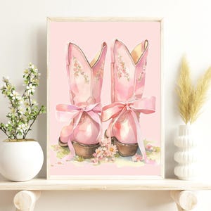 Cowgirl Boots Wall Art Print, Coastal Cowgirl Wall Art, Instant Download, Digital Coquette Art for Soft Pink Aesthetic, PInk Preppy Wall Art