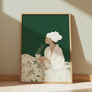 Emerald Green Woman with Coffee Wall Art Print, Green Aesthetic Decor, Modern Woman Print, Minimalist Portrait Artwork, Cozy Home Aesthetic
