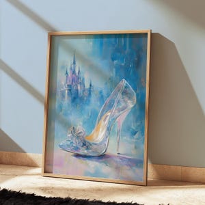Afdrukbare Assepoester glazen muiltje originele olieverf stijl Art Print, prinses muurkunst instant digitale download voor meisjeskamer kinderkamer