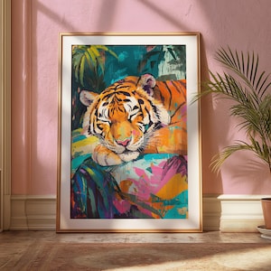 Konsttryck med sovande tiger: Maximalistisk djungelväggdekoration bild 1