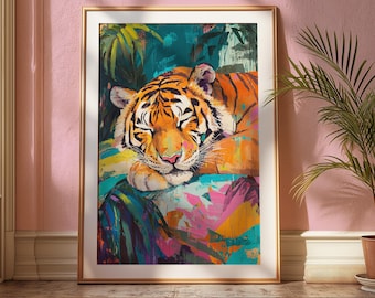 Lámina artística de un tigre durmiente: decoración de pared maximalista de la jungla