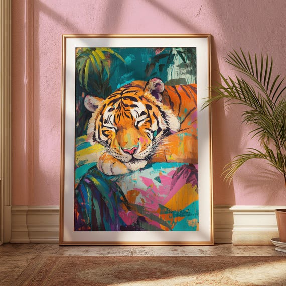 Sleeping Tiger Art Print: Maximalist Jungle Wall Decor