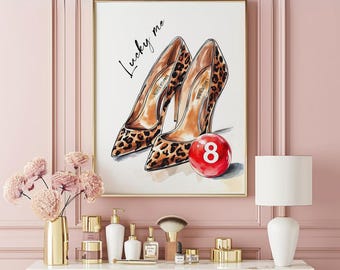 May include: A watercolor painting of a pair of leopard print high heels with the text "Lucky me" above them. A red 8 ball is in the foreground.