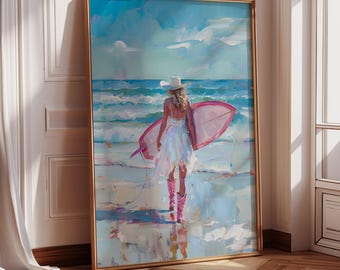 Coastal Cowgirl Pink Aesthetic Cowgirl Surfer on the Beach Wall Art ...