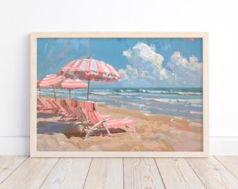 Pink Umbrellas Beach Painting Print: Coastal Wall Art