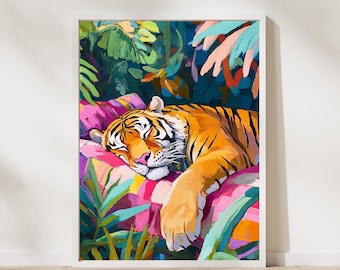 Sleeping Tiger Art Print: Maximalist Jungle Wall Decor