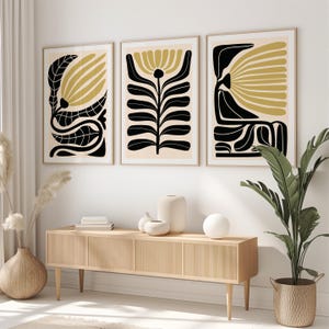 Set of 3 Abstract Beige Black Flower Art Prints, Digital, Matisse Style Prints, Mid Century Modern Wall Art, Boho Japandi Wall Art Decor