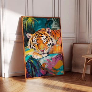Konsttryck med sovande tiger: Maximalistisk djungelväggdekoration bild 6