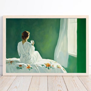 Woman with Morning Coffee Green Aesthetic Wall Art Print Decor, Modern Woman Print, Minimalist Portrait Artwork, Cozy Home Aesthetic