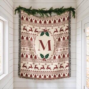 Personalized Woven Throw Blanket with Red and Cream Christmas Pattern | Custom Fringe Blanket Holiday Decor