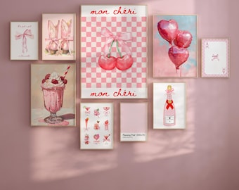 Conjunto de 9 impressões de arte de parede coquete, conjunto de 9 impressões digitais de arte de parede da moda, arte de parede grande estética rosa, decoração de dopamina, download instantâneo