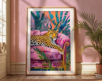 Leopard Lounging on Pink Couch: Maximalist Jungle Art (Digital Download)