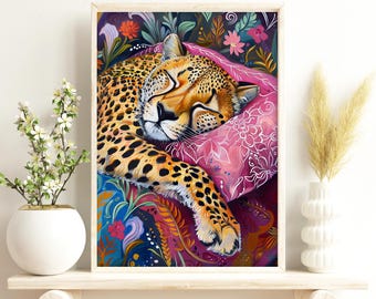 Sleeping Cheetah Art Print: Maximalist Jungle Decor (Digital Download)