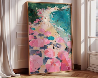 Pink Umbrellas Beach Print: Abstract Coastal Painting, Retro Wall Art
