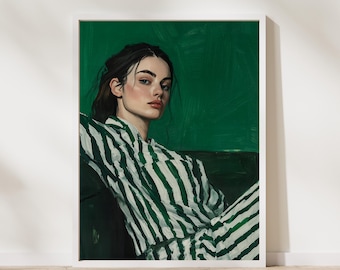 Impressão de parede de mulher de pijama listrado, decoração estética verde, impressão de mulher moderna, arte de retrato minimalista, estética aconchegante para casa