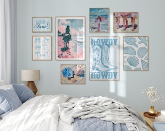 Coastal Cowgirl Blue Wall Art | Coastal Cowgirl Print Set Of 9 | Trendy Dorm Decor | Cowgirl Blue Prints Set Of 9 Digital Instant Download