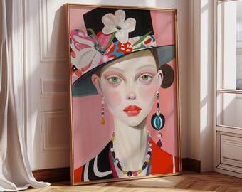 Impression d'art portrait de femme maximaliste : mur de galerie tendance rose rouge (téléchargement numérique)