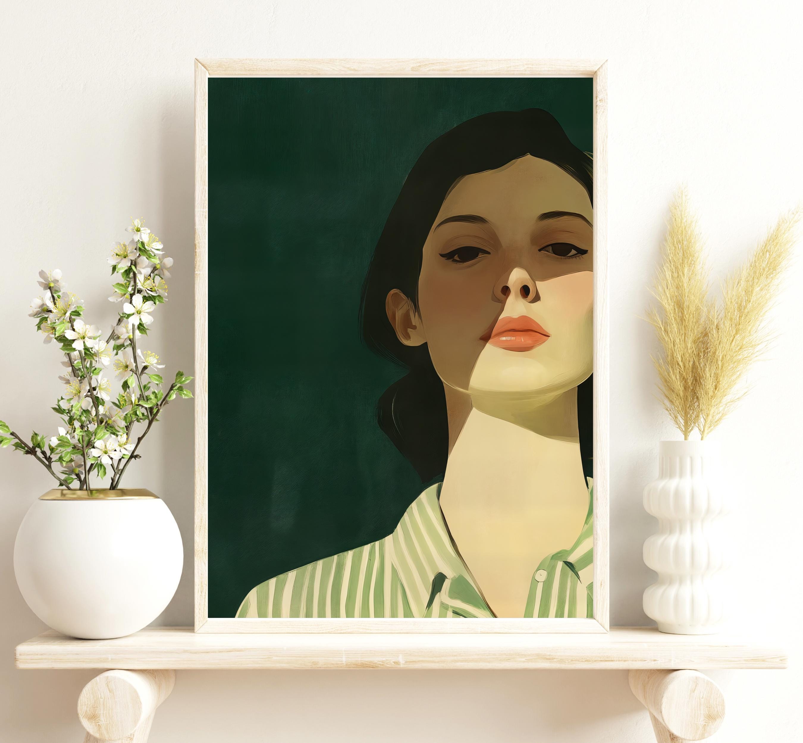 Emerald Green Woman Portrait Art Print: Modern Minimalist Home Decor ...