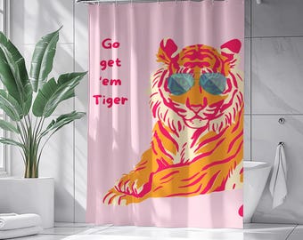 Go Get Em Tiger Shower Curtain Fun Pink & Orange Tiger Bathroom Decor, Retro Tiger Print with Sunglasses, Motivational Bathroom Art