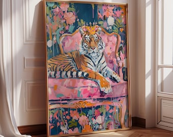 Queen Tiger Wall Art |Maximalist Wall Art | Jungle Wall Decor | Maximalist Wall Decor | Living Room Decor | Trendy Dopamine Digital Download