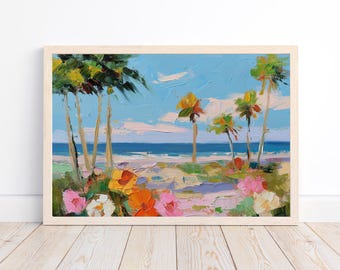 Abstrakcyjny plakat ścienny z palmą - żywy wydruk obrazu akrylowego - ekologiczny wydruk artystyczny - tropikalny wystrój - kolorowy wydruk plażowy