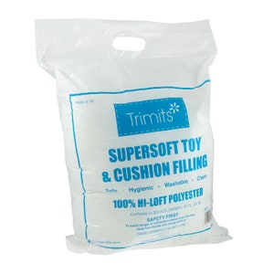 May include: A white plastic bag with a blue label that says "Supersoft Toy & Cushion Filling" and "100% Hi-Loft Polyester". The label also includes safety information and conforms to BS1425, BS5852, EN71, CE.