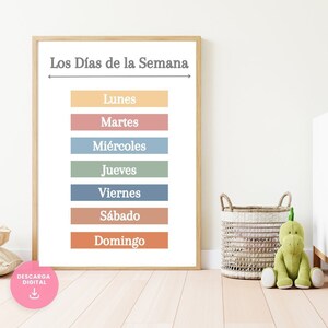 Days of the week poster in SPANISH, classroom poster, educational poster, Montessori children's poster, digital download