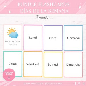 Pacote didático dos dias da semana, flashcards para impressão, memorando educativo, primeira infância, francês, inglês, espanhol