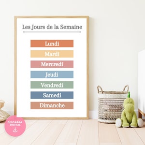 Cartel de los días de la semana en FRANCÉS, cartel de aula, póster educativo, póster infantil Montessori, descarga digital
