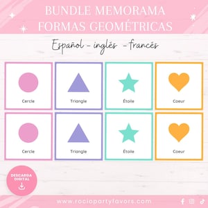 Memorama didáctico de las formas geométricas, tarjetas didácticas imprimibles, inglés, frances, español, primera infancia, Montessori