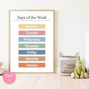 Cartel de los días de la semana en INGLÉS, cartel de aula, póster educativo, póster infantil Montessori, descarga digital