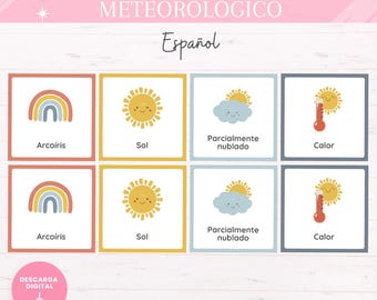 Educational weather memory game, printable flashcards, Spanish, early childhood, Montessori, homeschooling resources