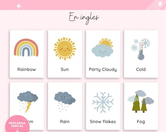 Weather flashcards, printable flashcards, 3-part weather flashcards, early childhood, Montessori