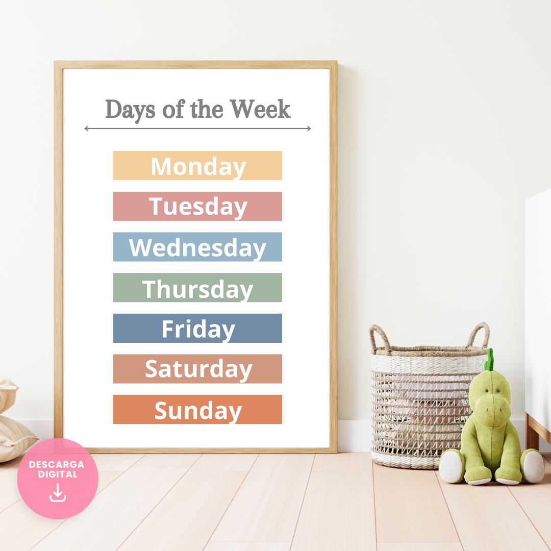 Days of the Week Poster in Spanish, Classroom Poster, Educational Poster, Montessori Children's Poster, Digital Download